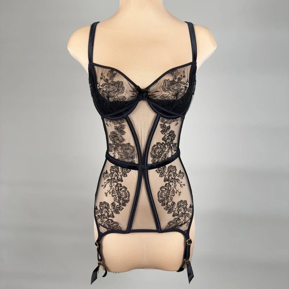 Agent Provocateur Black Gloria Basque Floral Lace Corset‎ 34D